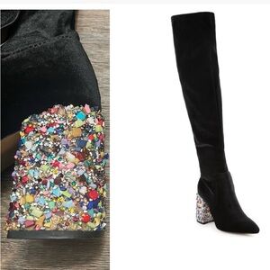 Betsey Johnson Rock Candy Velvet Keeva Over the Knee Boots Black Rainbow Size 8